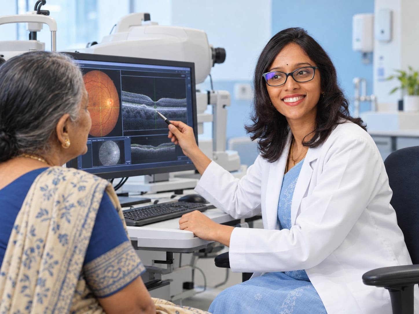 Eye doctor explaining a patient's retina scan on screen at Ruby Eye Hospital, Berhampur